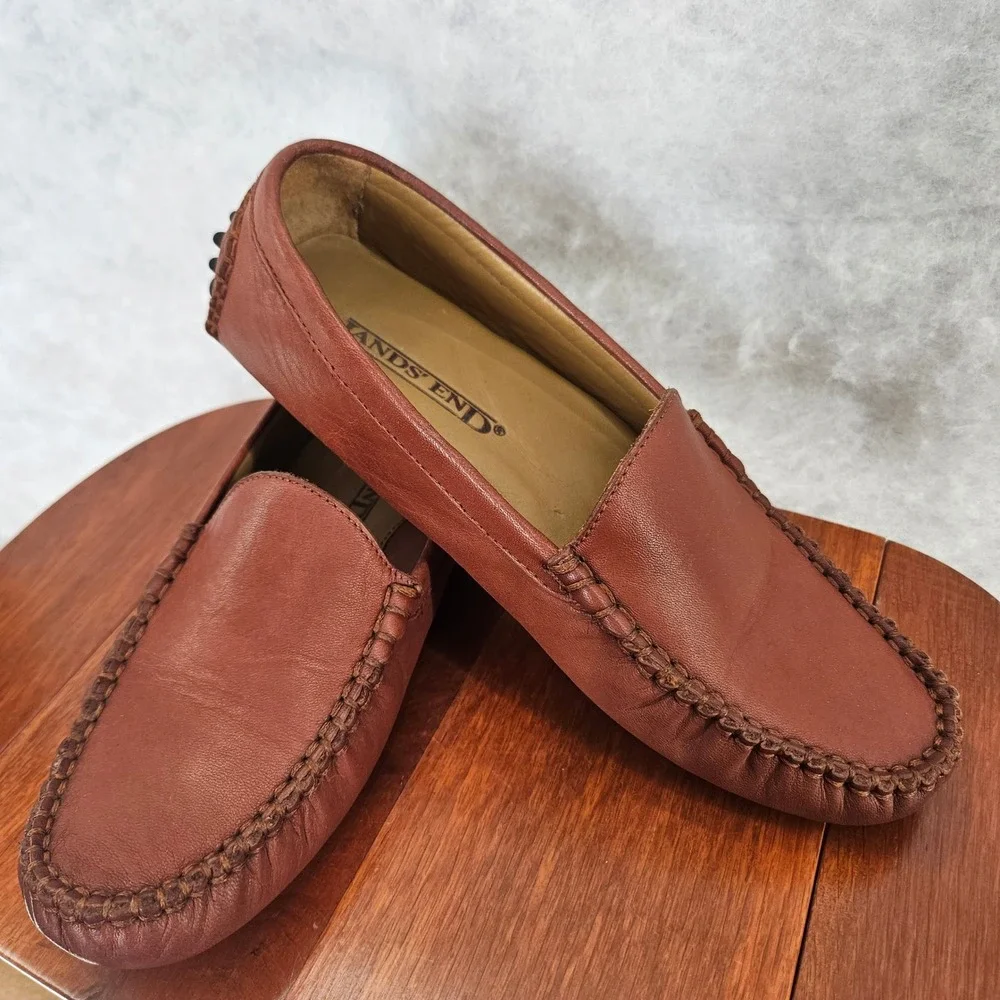 Lands End Leather Driving Loafers Moccasins Brown‎ Slip On Shoes Mens Size 4